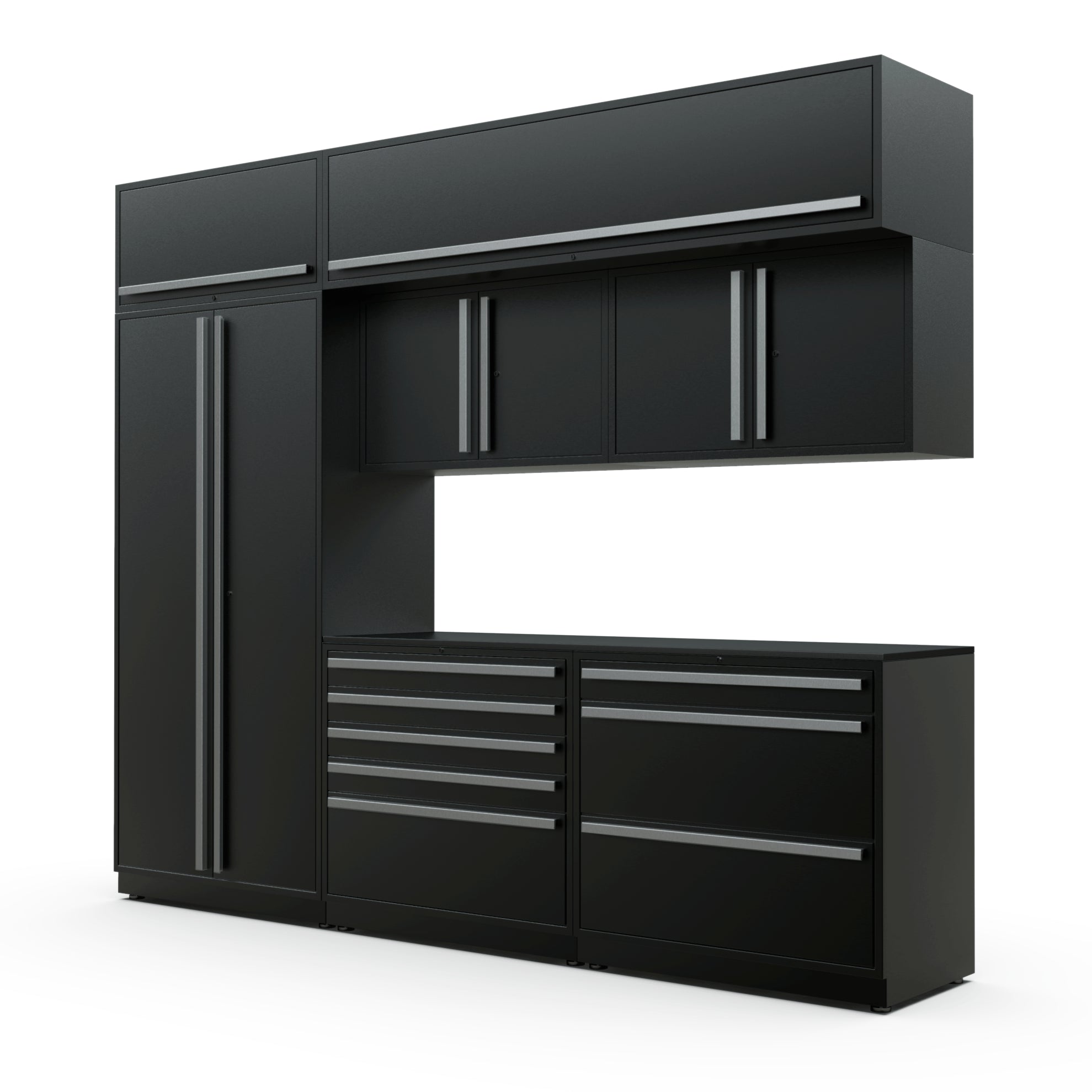 Proslat FusionPlus 10 ft TOOL cabinet set with overheads in Black with Silver handles and a Powder Coated worktop