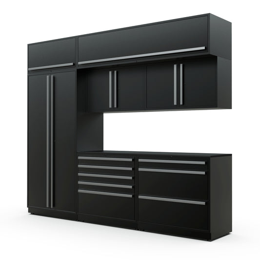 Proslat FusionPlus 10 ft TOOL cabinet set with overheads in Black with Silver handles and a Powder Coated worktop