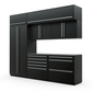 Proslat FusionPlus 10 ft TOOL cabinet set with overheads in Black with Silver handles and a Stainless Steel worktop