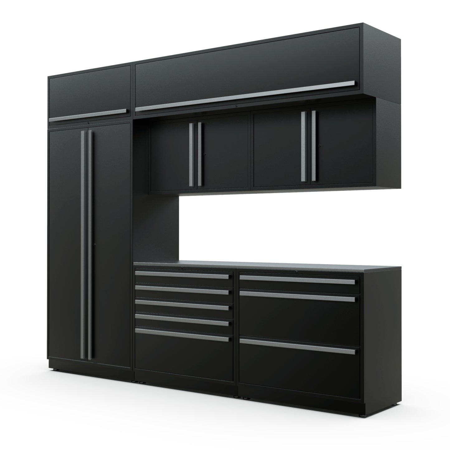 Proslat FusionPlus 10 ft TOOL cabinet set with overheads in Black with Silver handles and a Stainless Steel worktop