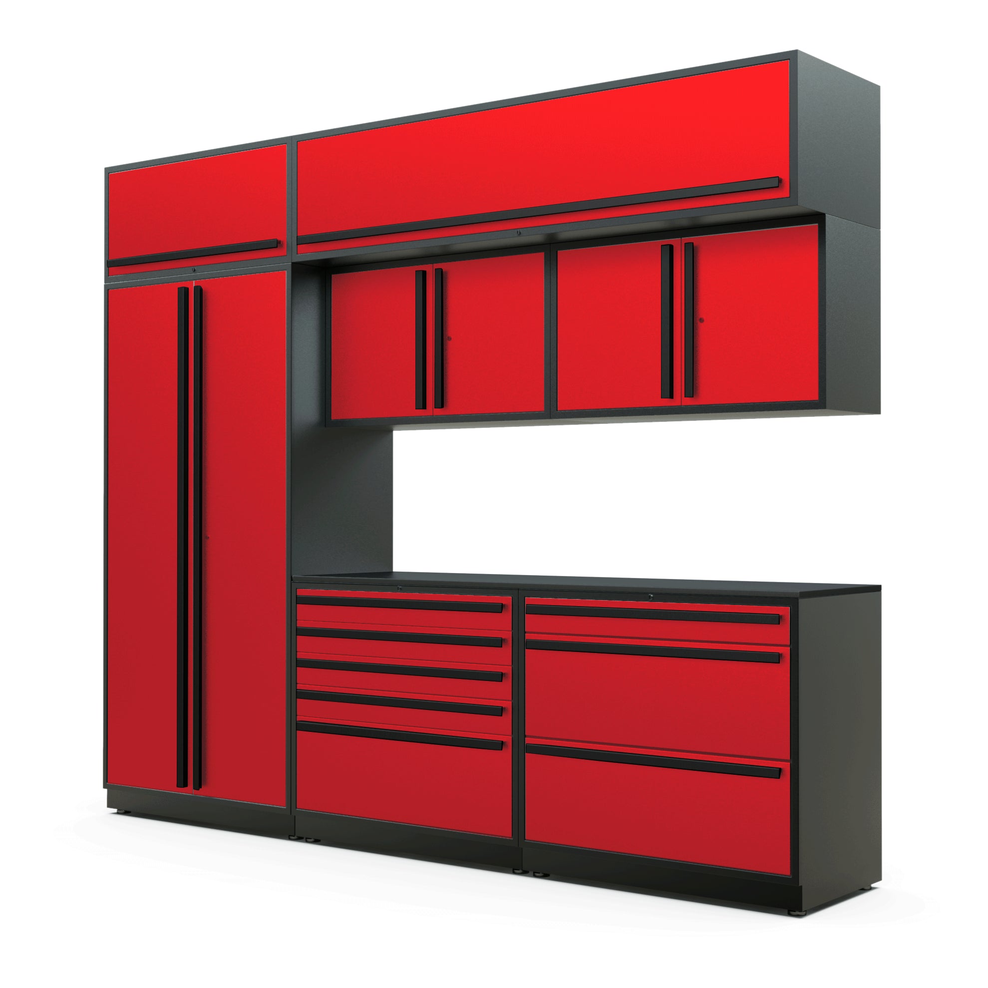 Proslat FusionPlus 10 ft TOOL cabinet set with overheads in Traffic Red with Black handles and a Powder Coated worktop
