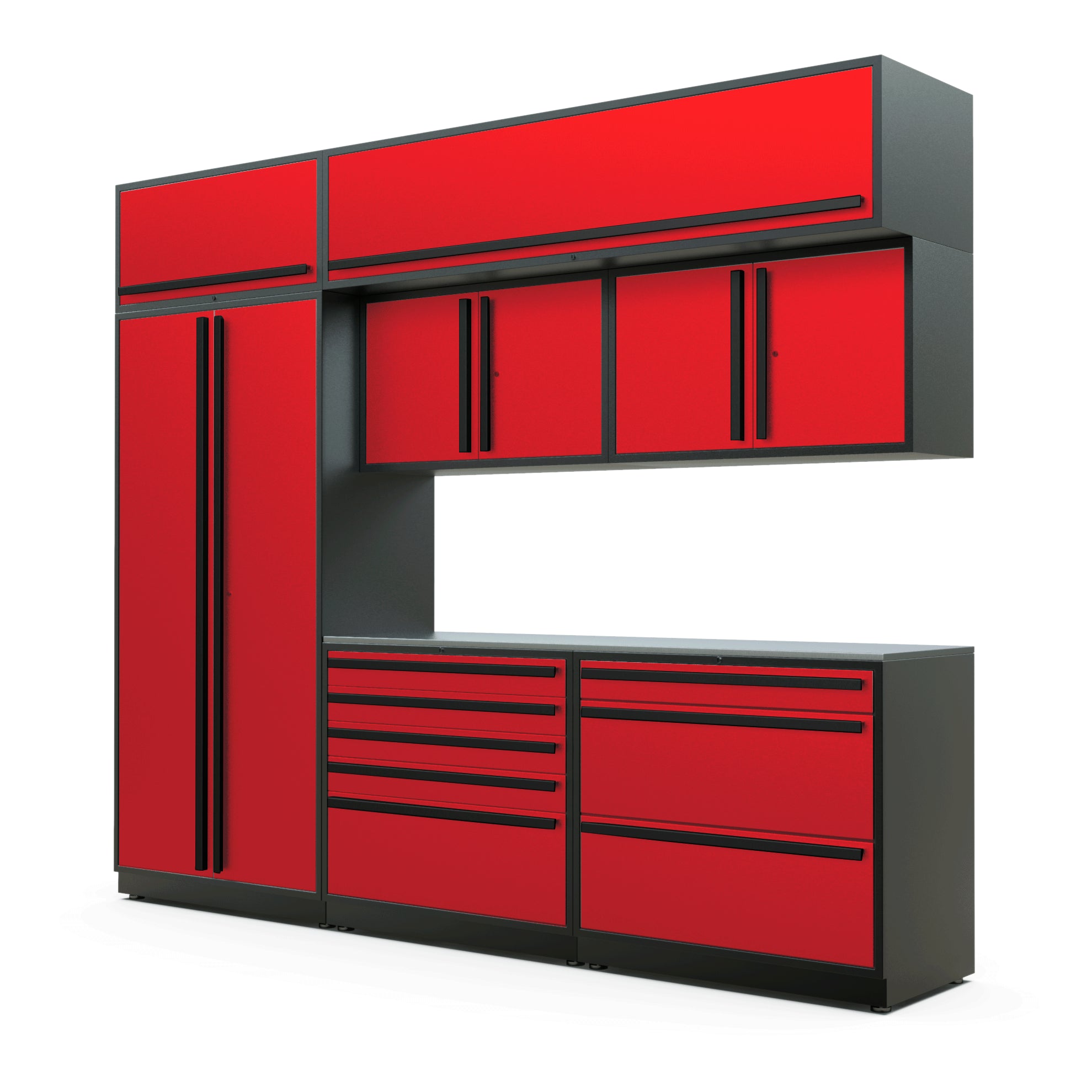 Proslat FusionPlus 10 ft TOOL cabinet set with overheads in Traffic Red with Black handles and a Stainless Steel worktop