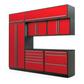 Proslat FusionPlus 10 ft TOOL cabinet set with overheads in Traffic Red with Silver handles and a Powder Coated worktop