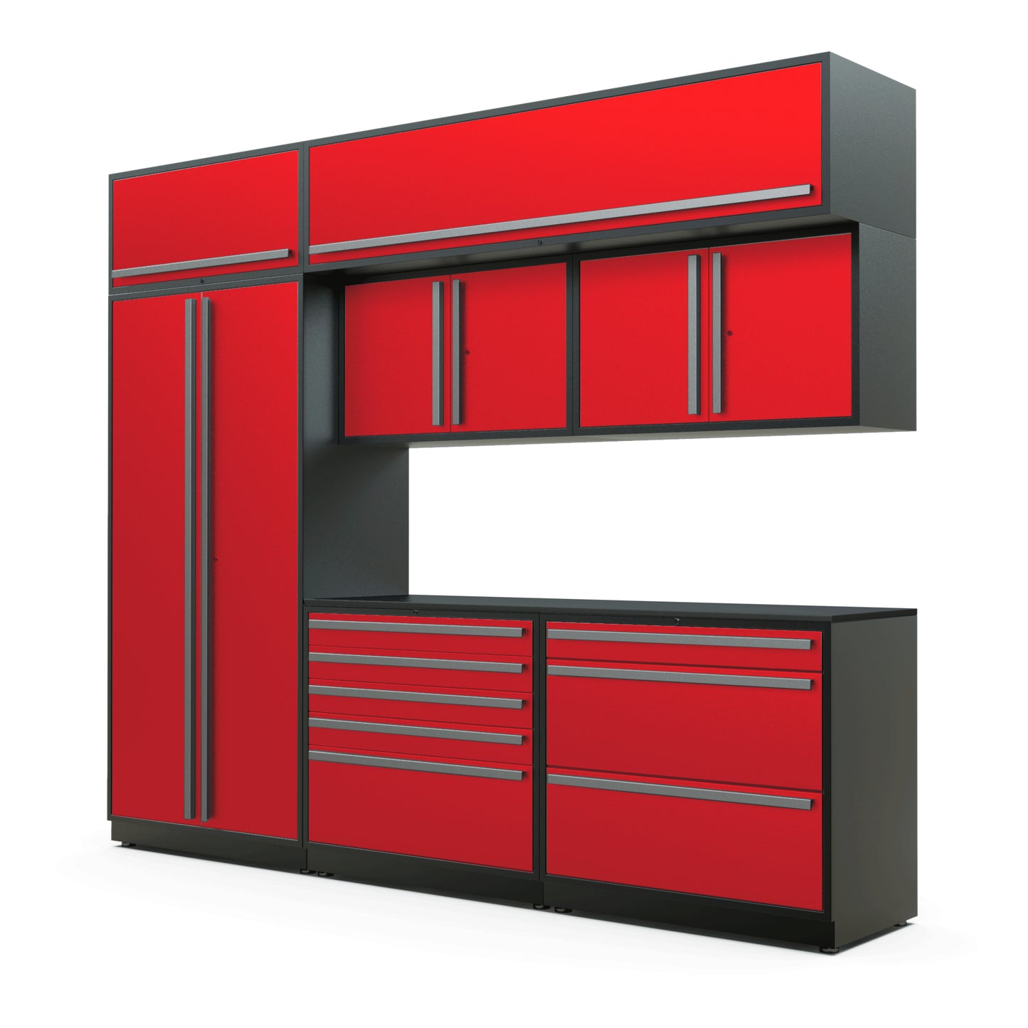 Proslat FusionPlus 10 ft TOOL cabinet set with overheads in Traffic Red with Silver handles and a Powder Coated worktop