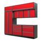 Proslat FusionPlus 10 ft TOOL cabinet set with overheads in Traffic Red with Silver handles and a Stainless Steel worktop