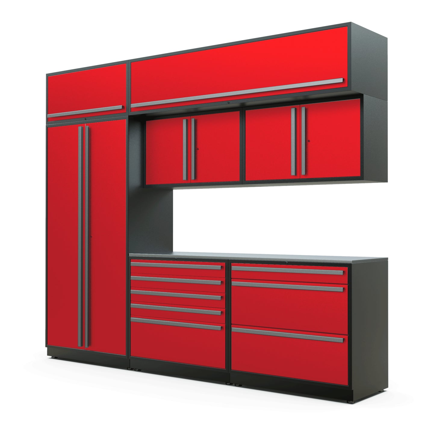 Proslat FusionPlus 10 ft TOOL cabinet set with overheads in Traffic Red with Silver handles and a Stainless Steel worktop
