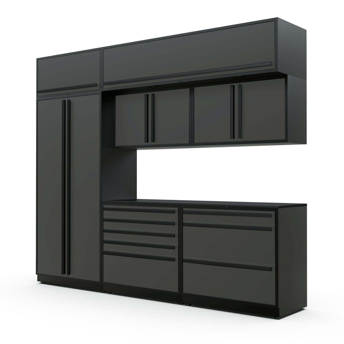 Proslat FusionPlus 10 ft TOOL cabinet set with overheads in Traffic Gray with Black handles and a Powder Coated worktop