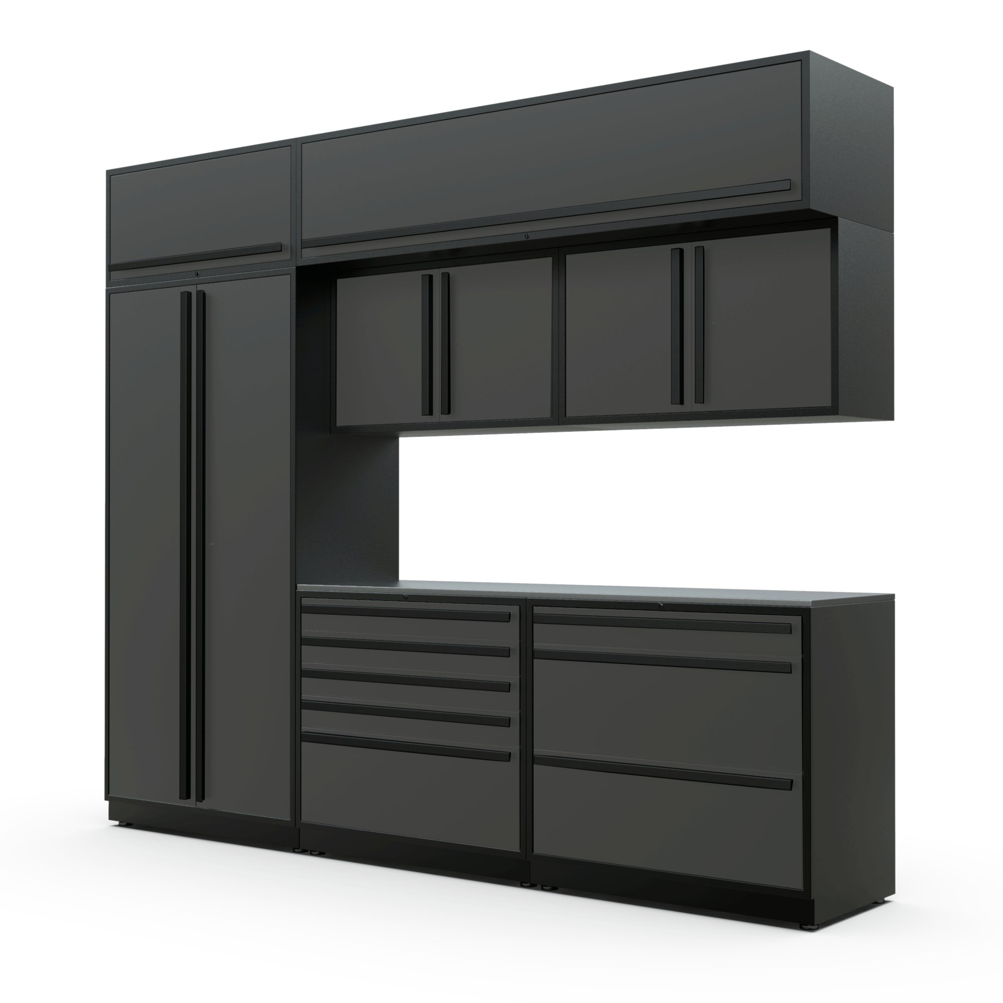 Proslat FusionPlus 10 ft TOOL cabinet set with overheads in Traffic Gray with Black handles and a Stainless Steel worktop