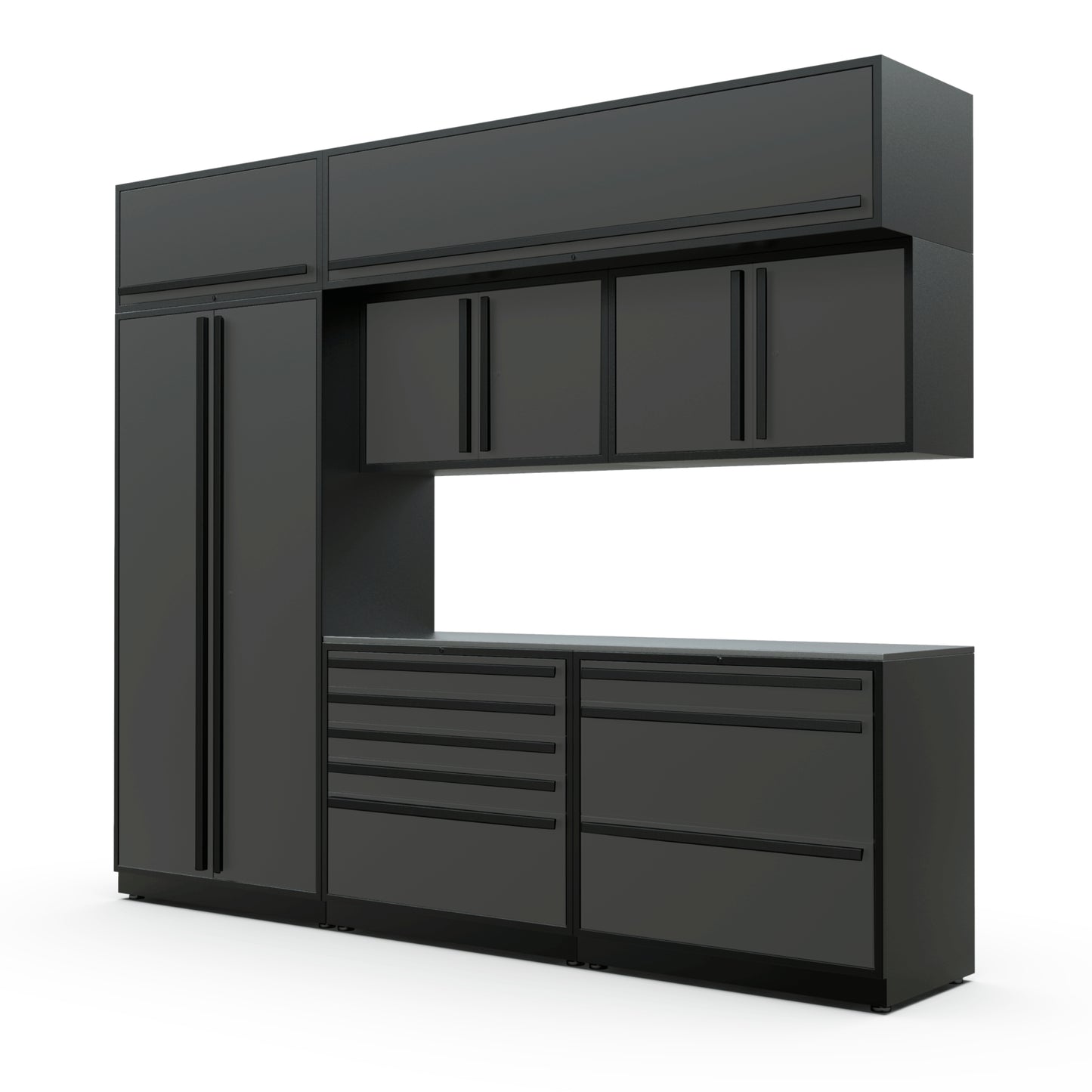 Proslat FusionPlus 10 ft TOOL cabinet set with overheads in Traffic Gray with Black handles and a Stainless Steel worktop
