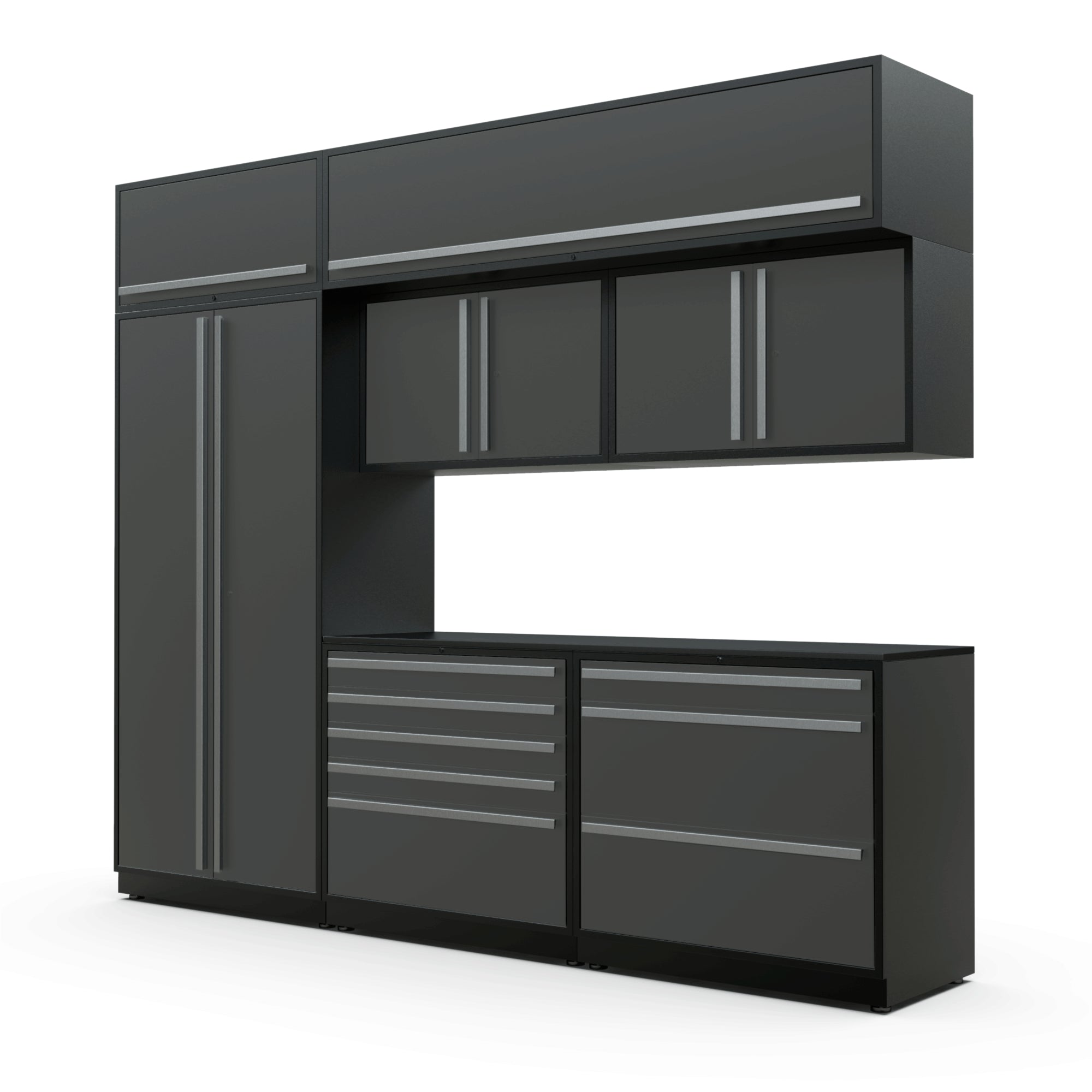 Proslat FusionPlus 10 ft TOOL cabinet set with overheads in Traffic Gray with Silver handles and a Powder Coated worktop