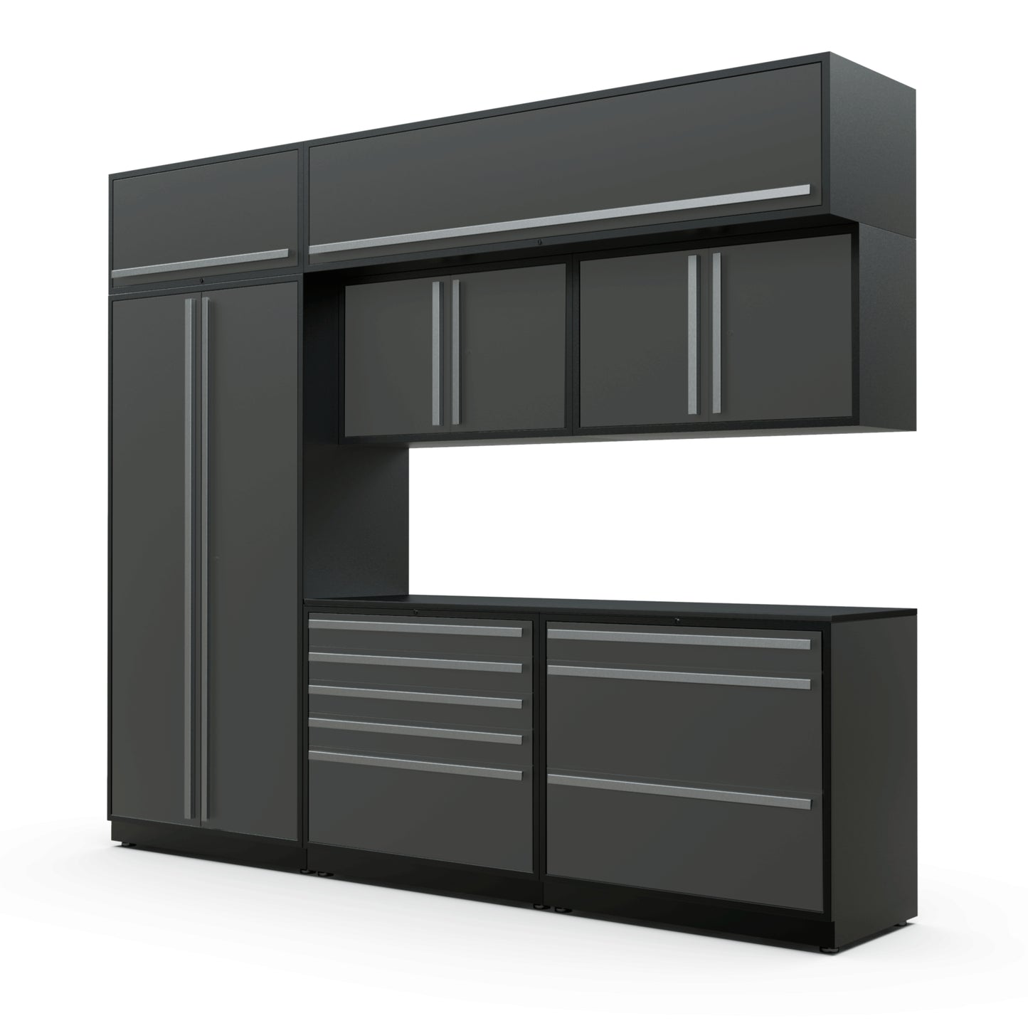 Proslat FusionPlus 10 ft TOOL cabinet set with overheads in Traffic Gray with Silver handles and a Powder Coated worktop