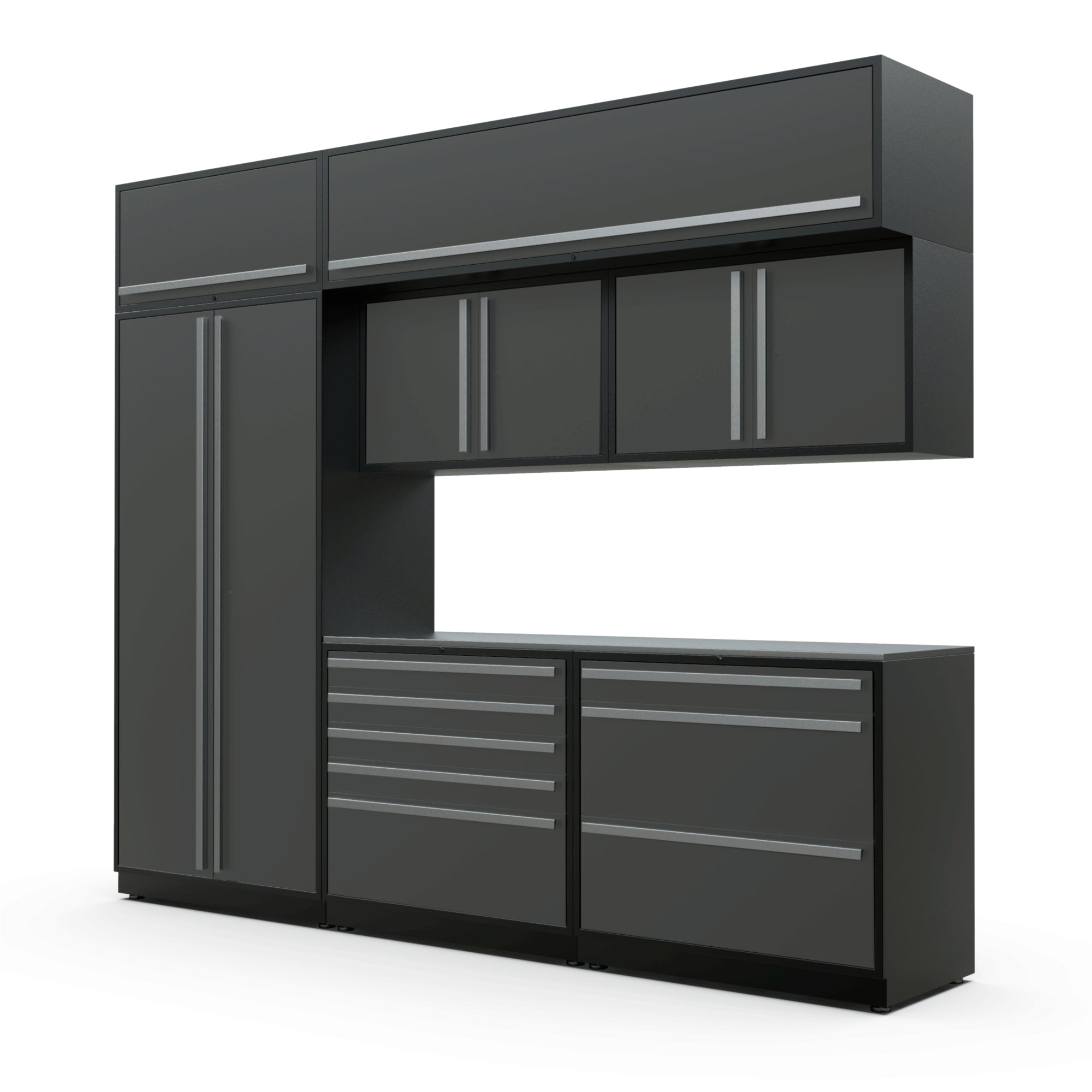 Proslat FusionPlus 10 ft TOOL cabinet set with overheads in Traffic Gray with Silver handles and a Stainless Steel worktop