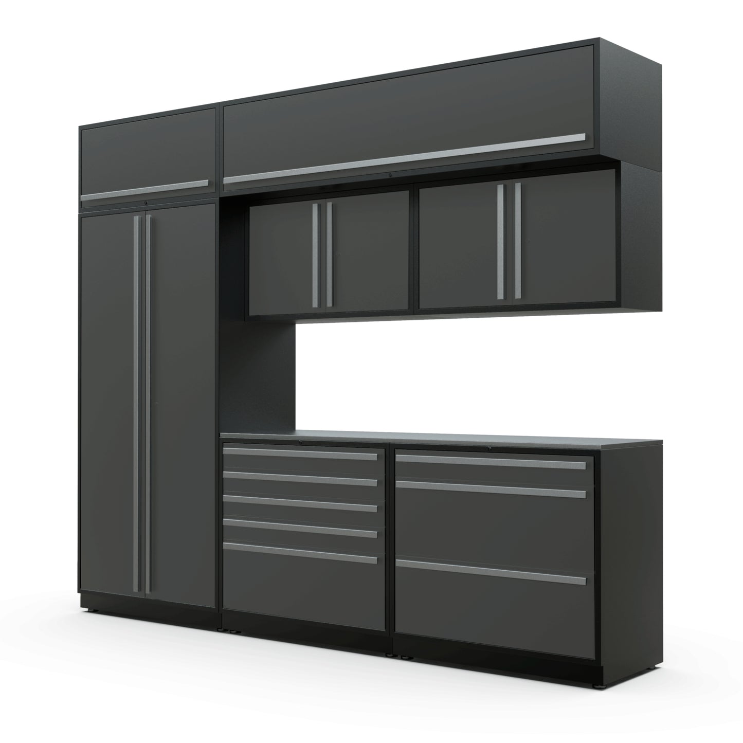 Proslat FusionPlus 10 ft TOOL cabinet set with overheads in Traffic Gray with Silver handles and a Stainless Steel worktop