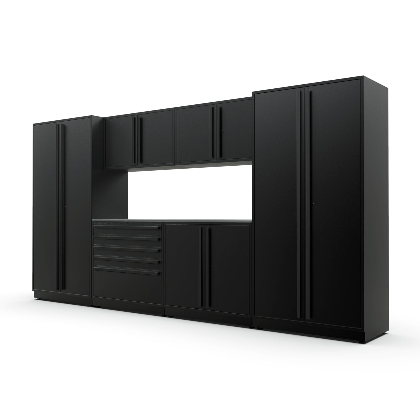 Proslat FusionPlus 13 ft MAX garage cabinet set in Black with Black handles and a Stainless Steel worktop