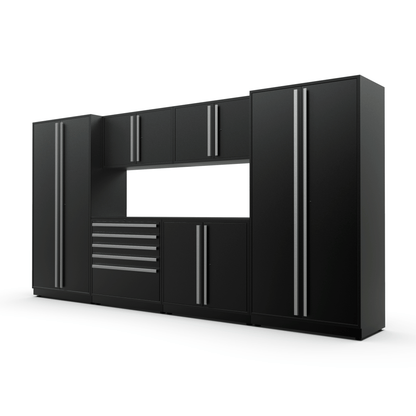 Proslat FusionPlus 13 ft MAX garage cabinet set in Black with Silver handles and a Powder Coated worktop