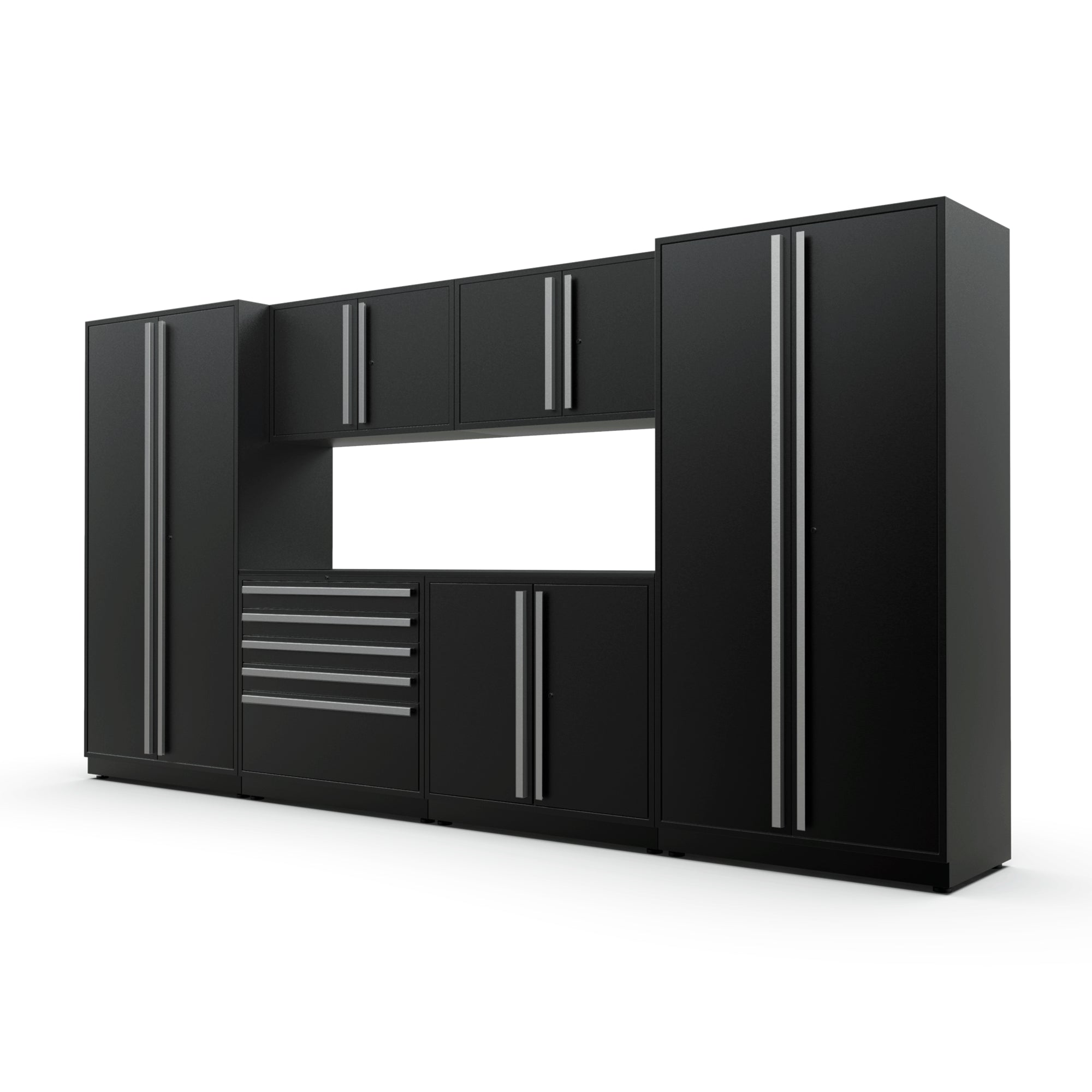 Proslat FusionPlus 13 ft MAX garage cabinet set in Black with Silver handles and a Powder Coated worktop