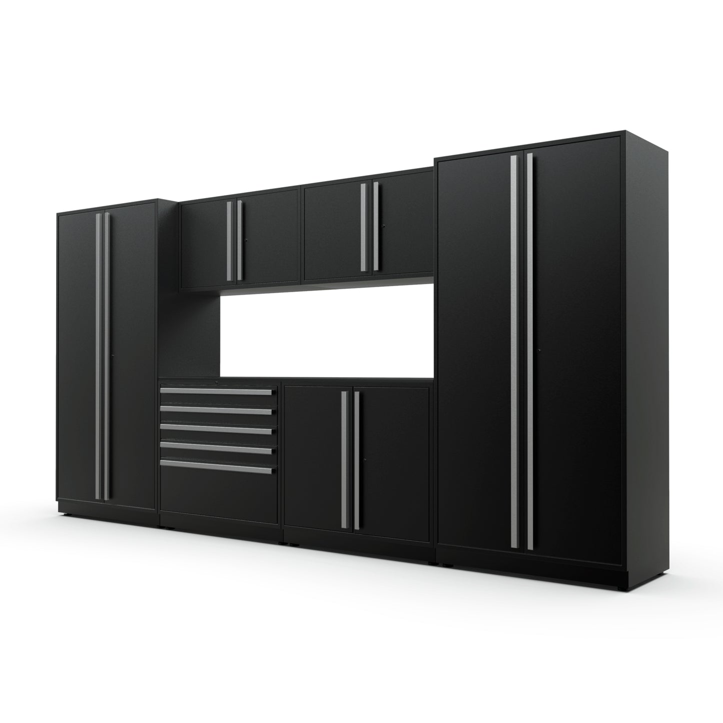 Proslat FusionPlus 13 ft MAX garage cabinet set in Black with Silver handles and a Powder Coated worktop