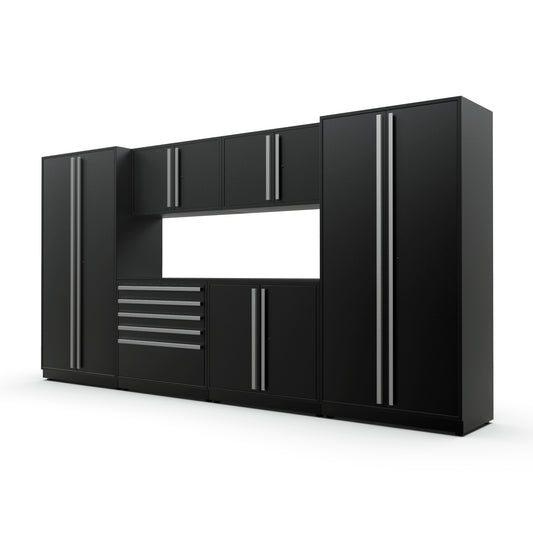 Proslat FusionPlus 13 ft MAX garage cabinet set in Black with Silver handles and a Powder Coated worktop