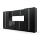 Proslat FusionPlus 13 ft MAX garage cabinet set in Black with Silver handles and a Stainless Steel worktop