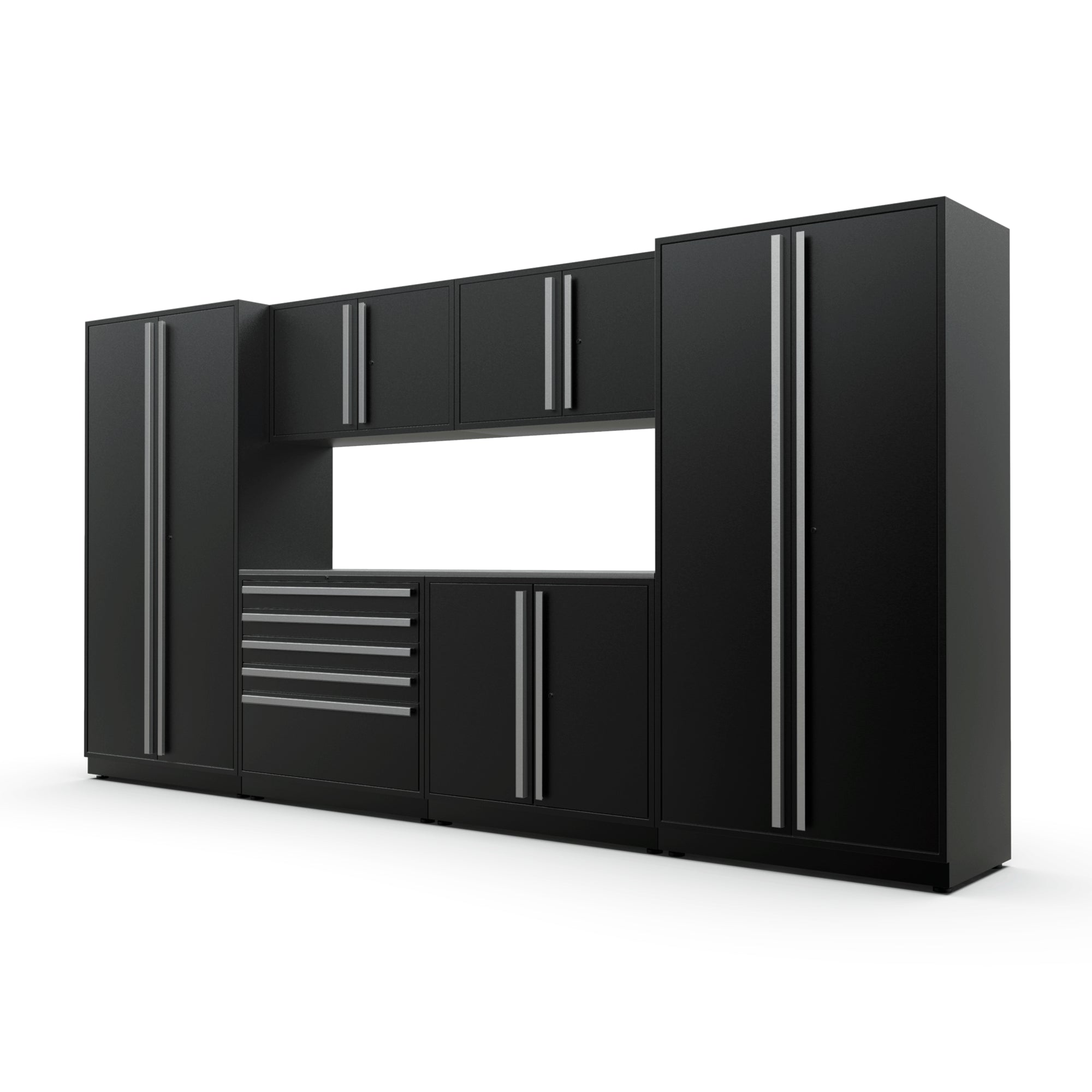 Proslat FusionPlus 13 ft MAX garage cabinet set in Black with Silver handles and a Stainless Steel worktop
