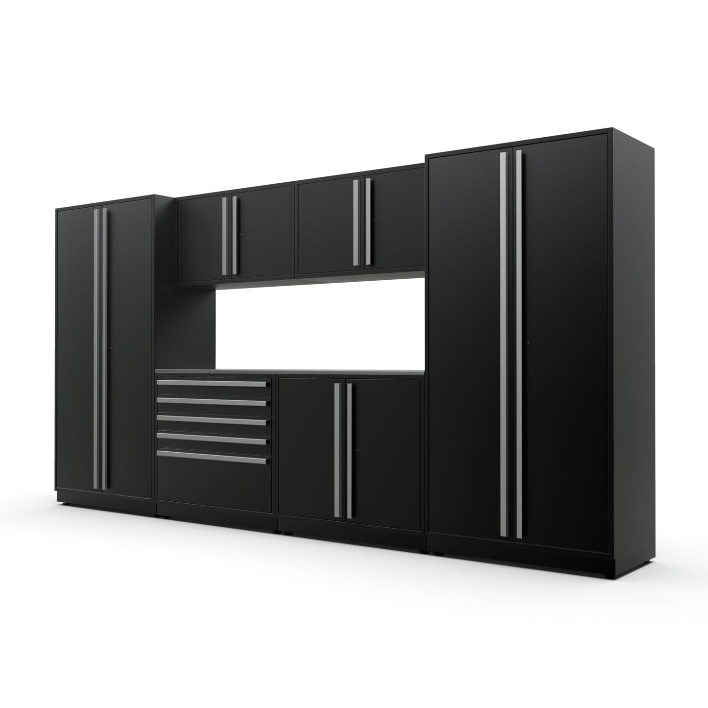 Proslat FusionPlus 13 ft MAX garage cabinet set in Black with Silver handles and a Stainless Steel worktop