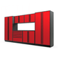 Proslat FusionPlus 13 ft MAX garage cabinet set in Traffic Red with Black handles and a Powder Coated worktop