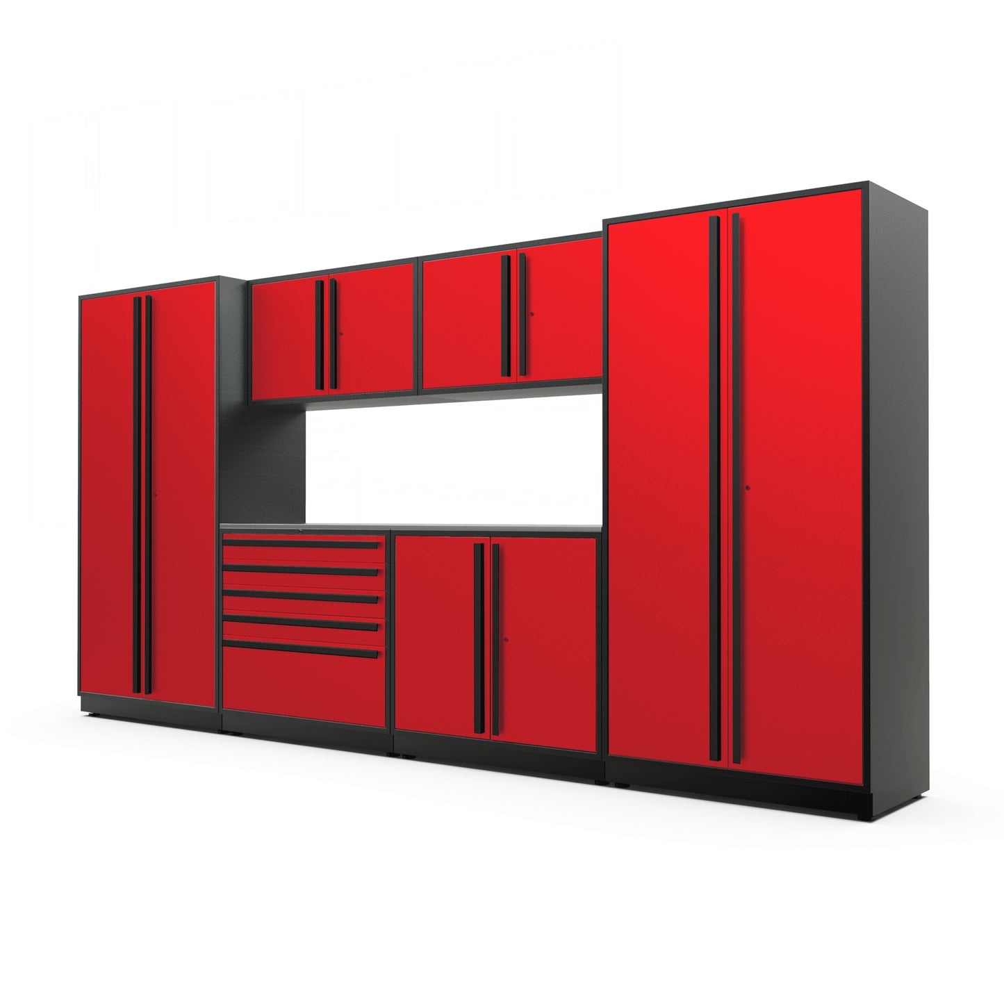 Proslat FusionPlus 13 ft MAX garage cabinet set in Traffic Red with Black handles and a Stainless Steel worktop