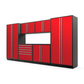 Proslat FusionPlus 13 ft MAX garage cabinet set in Traffic Red with Silver handles and a Powder Coated worktop