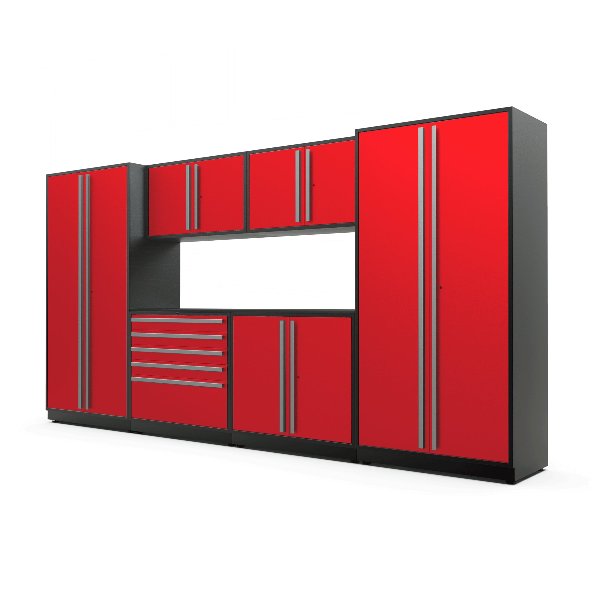 Proslat FusionPlus 13 ft MAX garage cabinet set in Traffic Red with Silver handles and a Powder Coated worktop