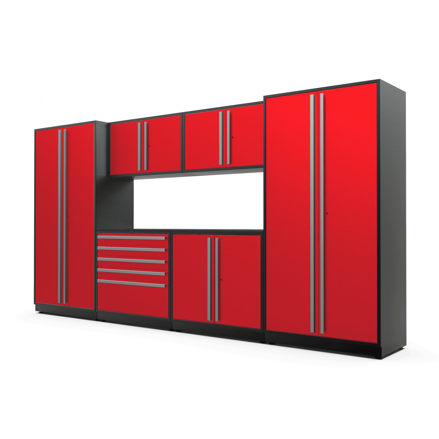 Proslat FusionPlus 13 ft MAX garage cabinet set in Traffic Red with Silver handles and a Powder Coated worktop