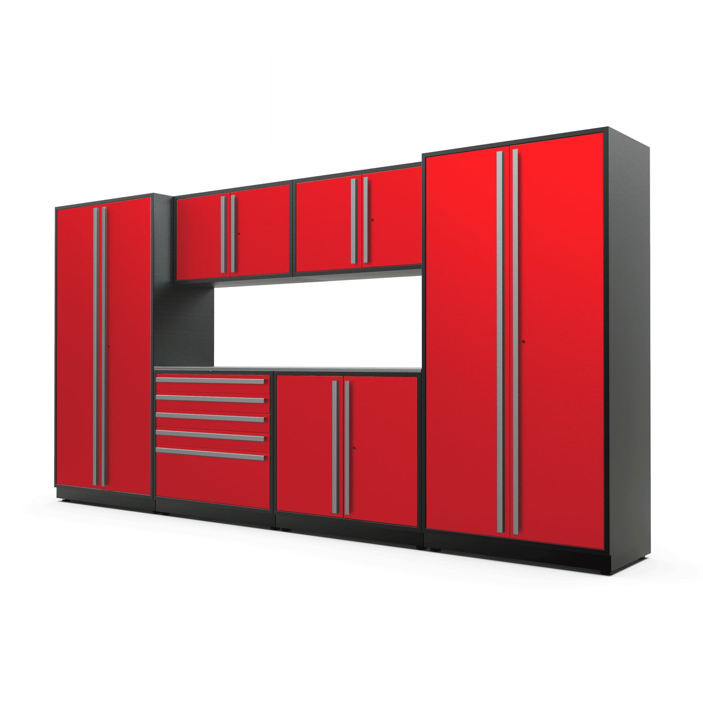 Proslat FusionPlus 13 ft MAX garage cabinet set in Traffic Red with Silver handles and a Stainless Steel worktop