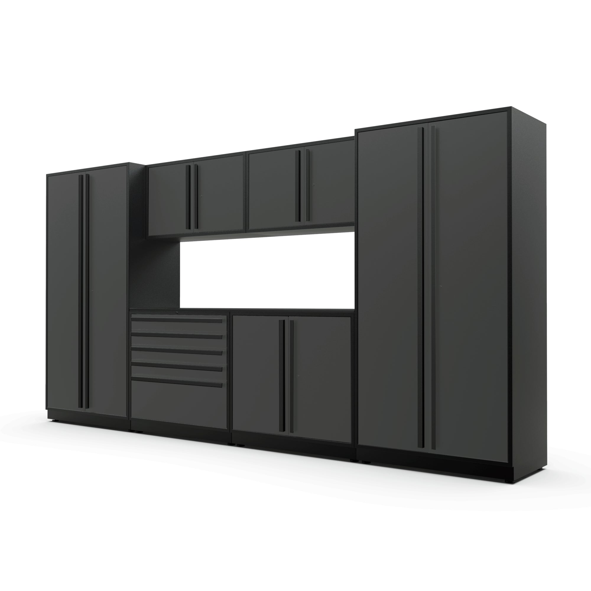 Proslat FusionPlus 13 ft MAX garage cabinet set in Traffic Gray with Black handles and a Powder Coated worktop