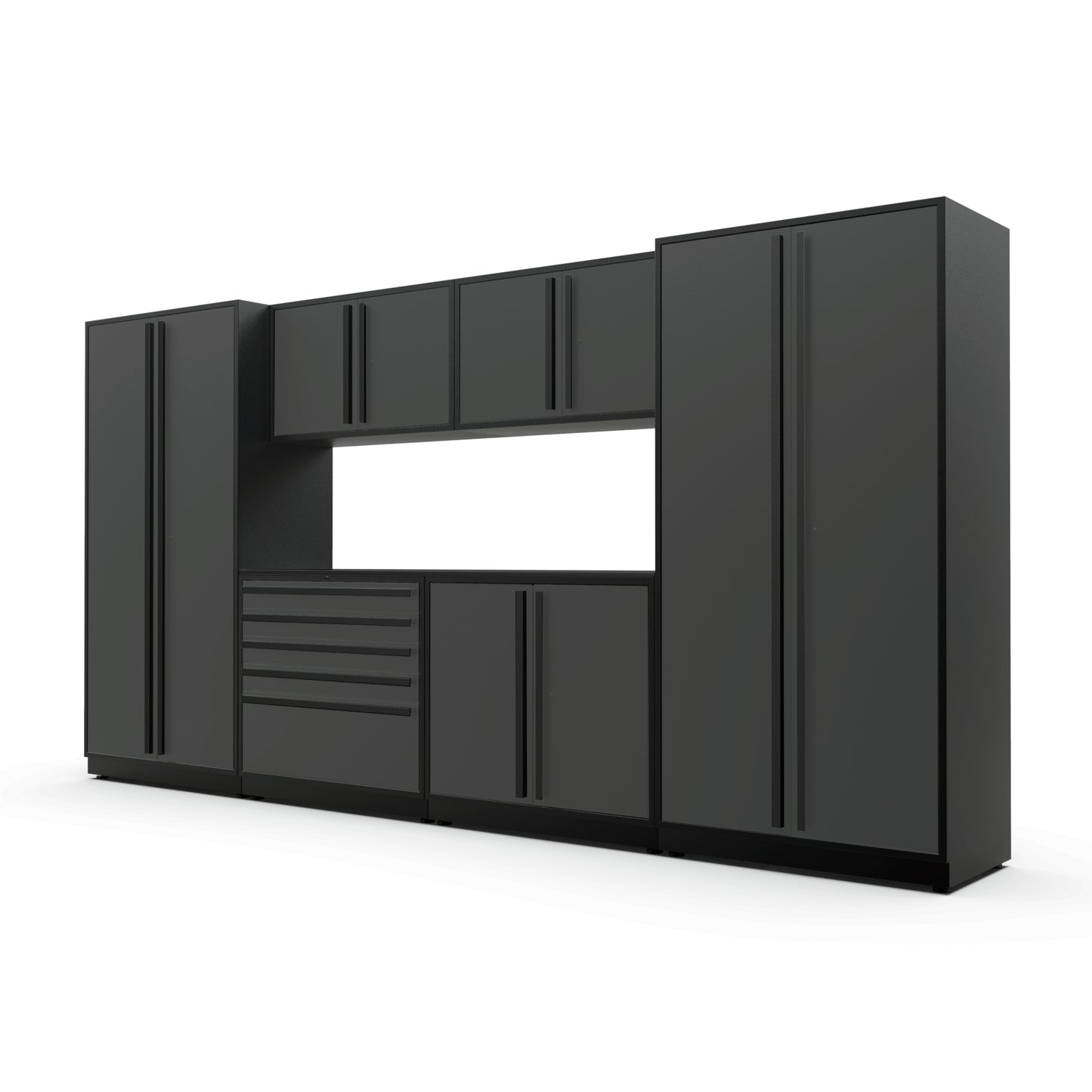 Proslat FusionPlus 13 ft MAX garage cabinet set in Traffic Gray with Black handles and a Powder Coated worktop