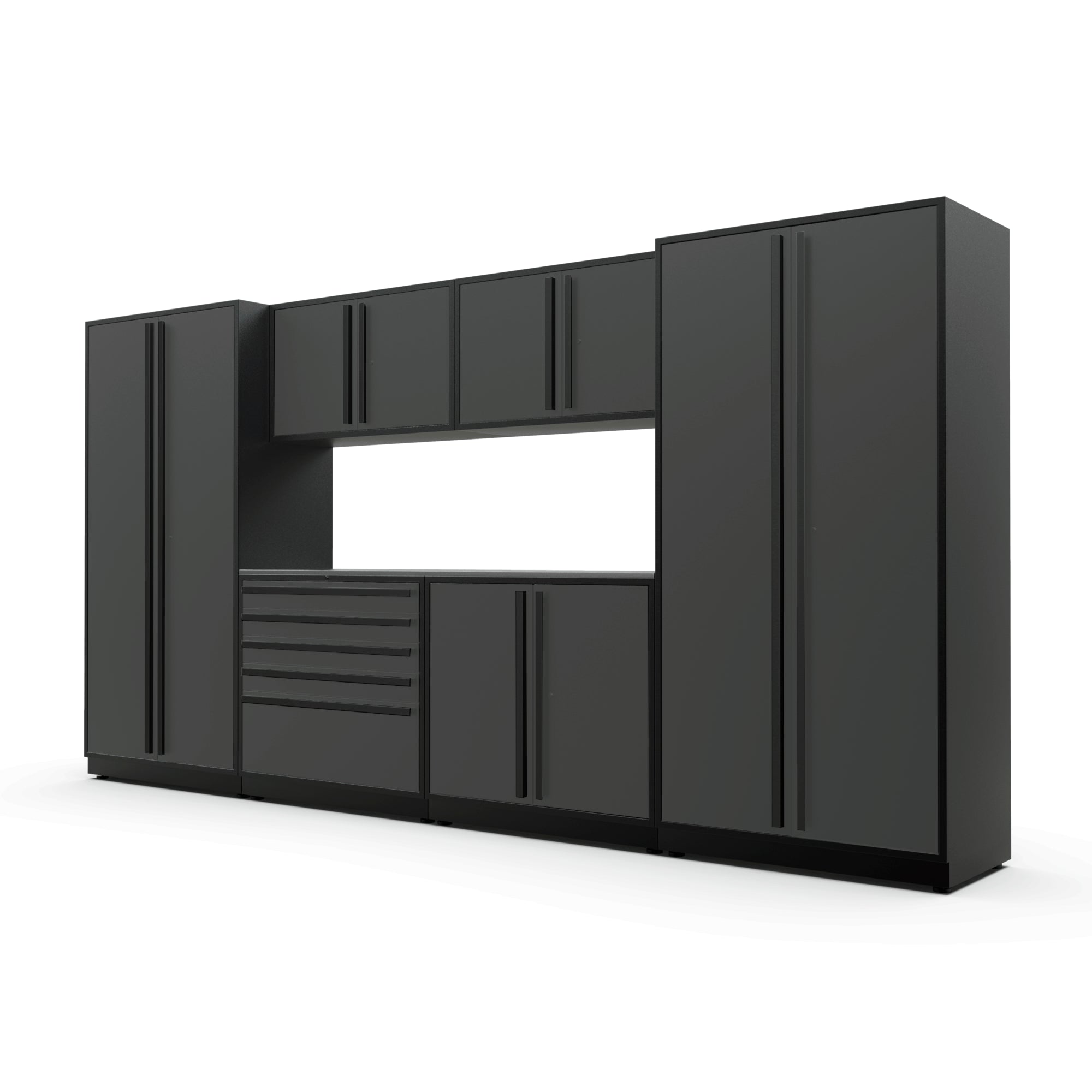 Proslat FusionPlus 13 ft MAX garage cabinet set in Traffic Gray with Black handles and a Stainless Steel worktop