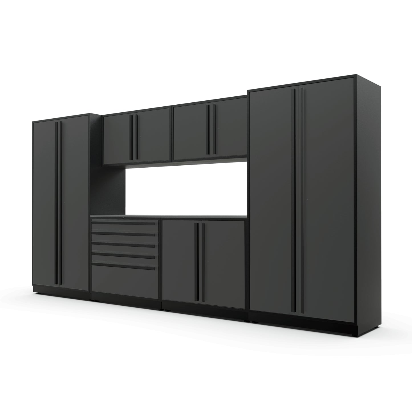 Proslat FusionPlus 13 ft MAX garage cabinet set in Traffic Gray with Black handles and a Stainless Steel worktop