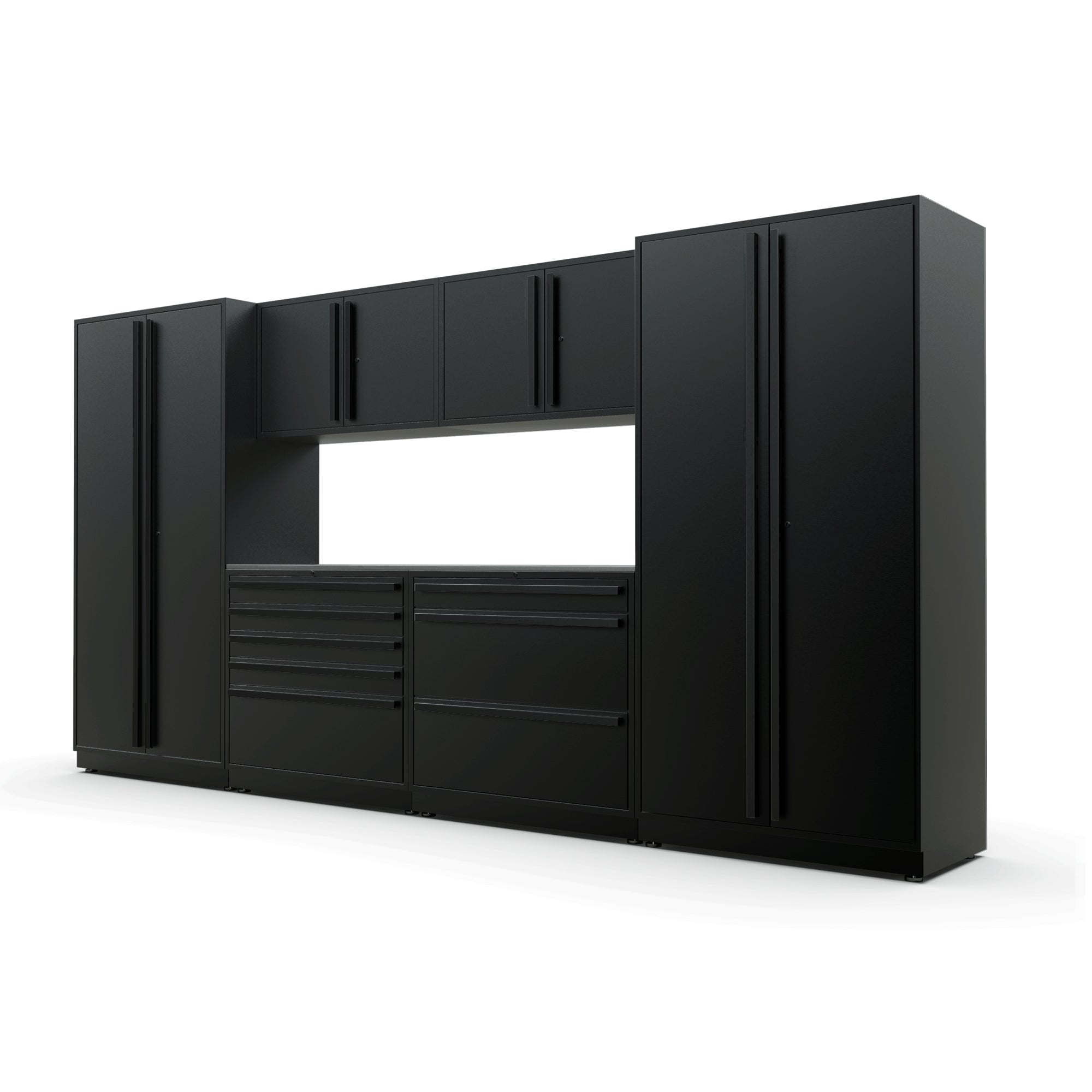 Proslat FusionPlus 13 ft TOOL garage cabinet set in Black with Black handles and a Stainless Steel worktop