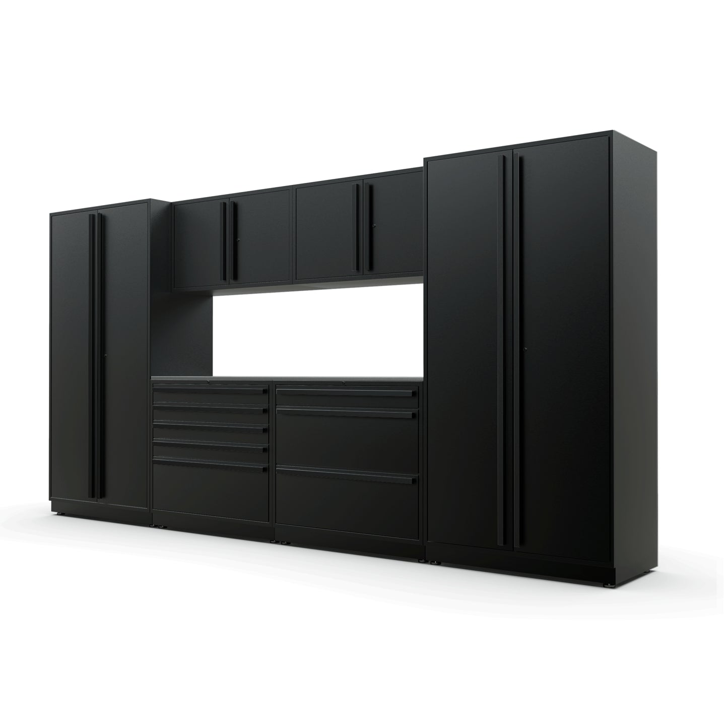 Proslat FusionPlus 13 ft TOOL garage cabinet set in Black with Black handles and a Stainless Steel worktop
