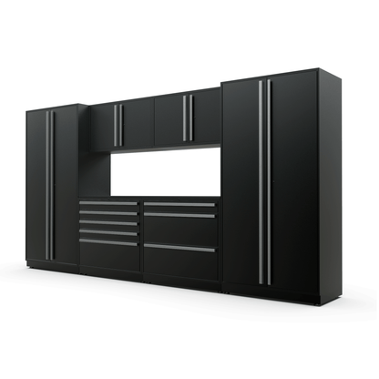 Proslat FusionPlus 13 ft TOOL garage cabinet set in Black with Silver handles and a Powder Coated worktop