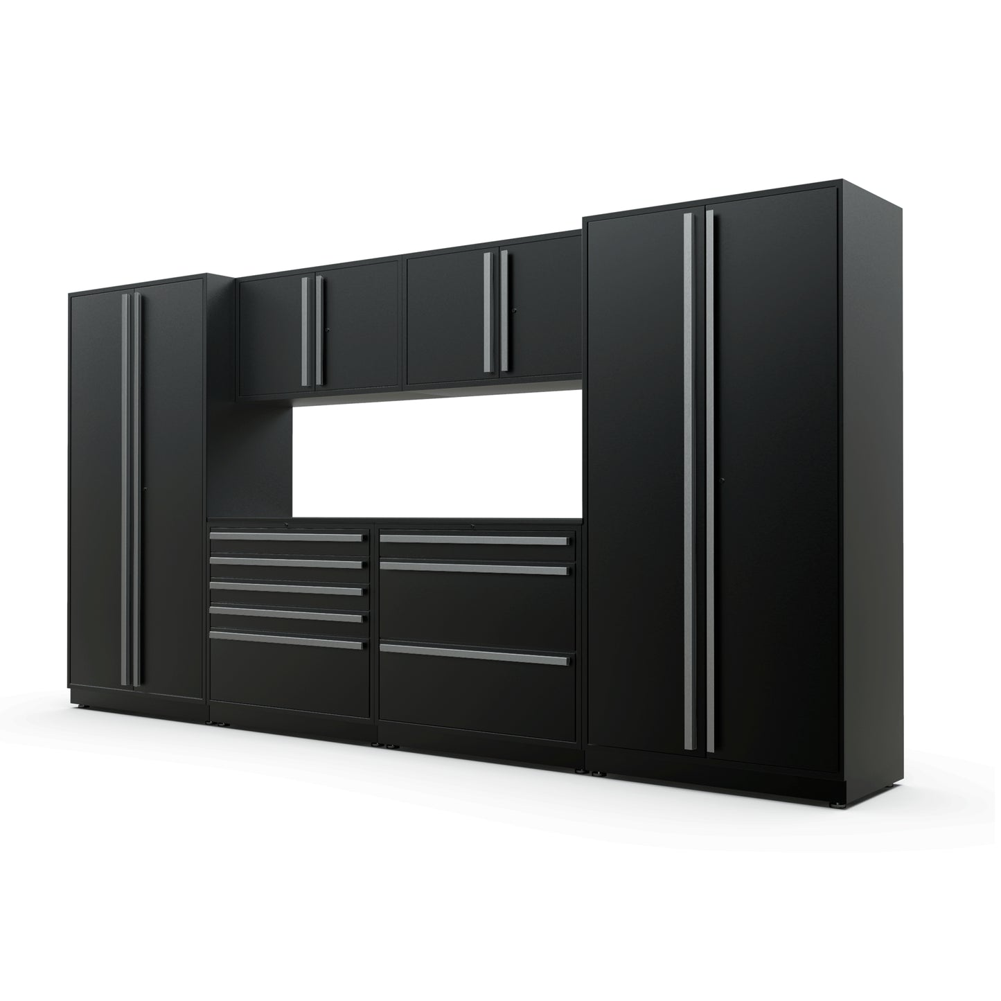 Proslat FusionPlus 13 ft TOOL garage cabinet set in Black with Silver handles and a Powder Coated worktop