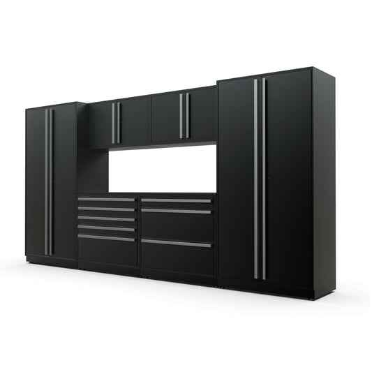 Proslat FusionPlus 13 ft TOOL garage cabinet set in Black with Silver handles and a Powder Coated worktop