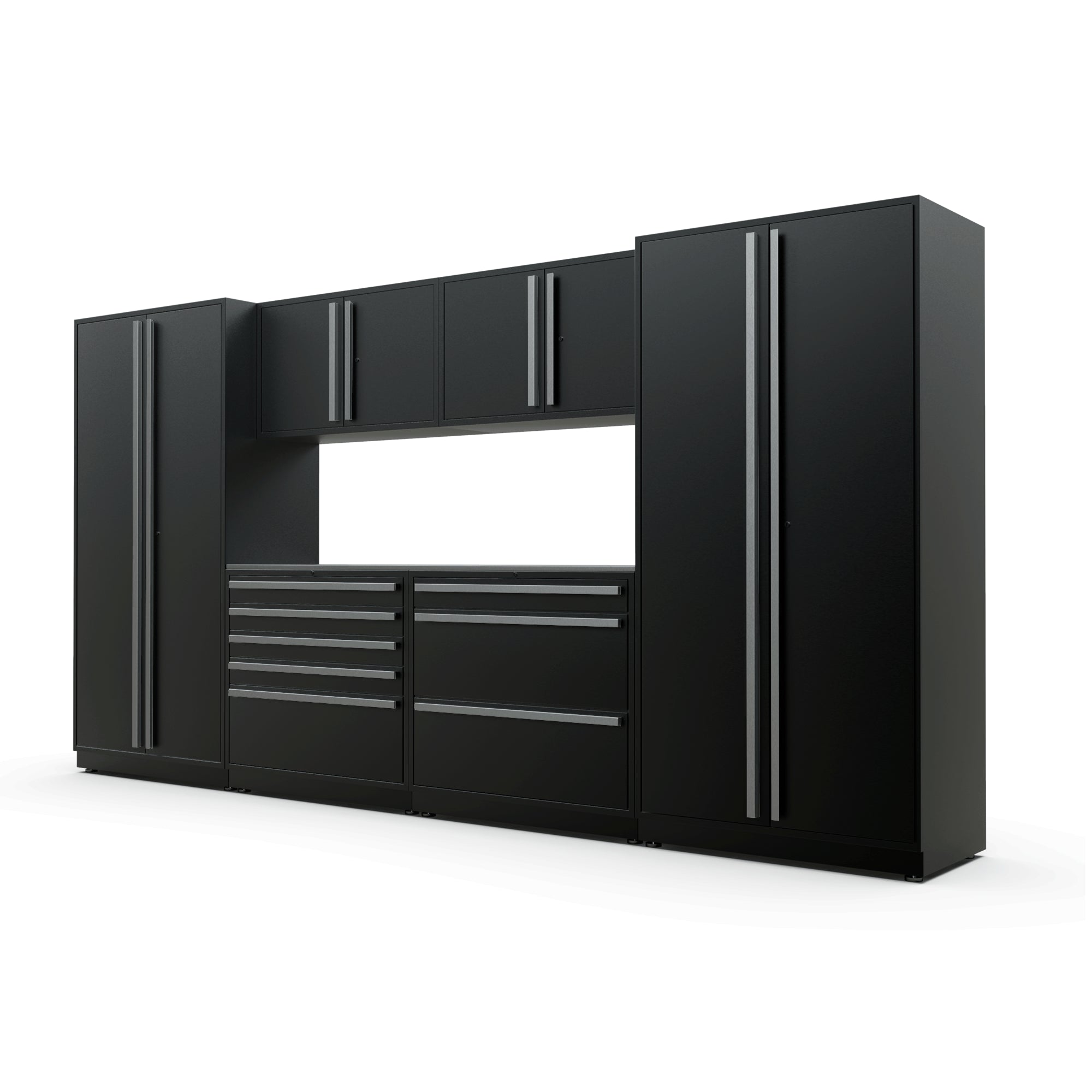 Proslat FusionPlus 13 ft TOOL garage cabinet set in Black with Silver handles and a Stainless Steel worktop