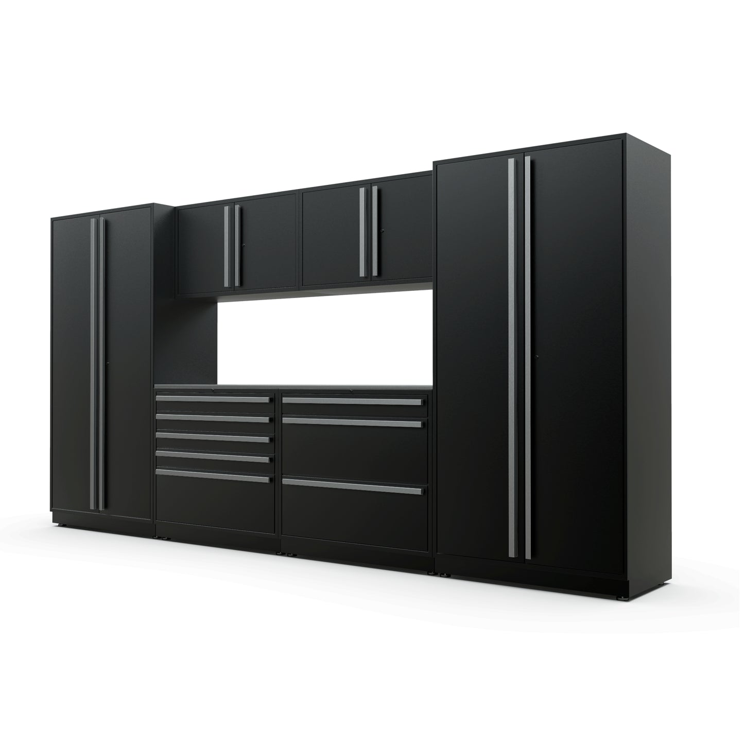 Proslat FusionPlus 13 ft TOOL garage cabinet set in Black with Silver handles and a Stainless Steel worktop