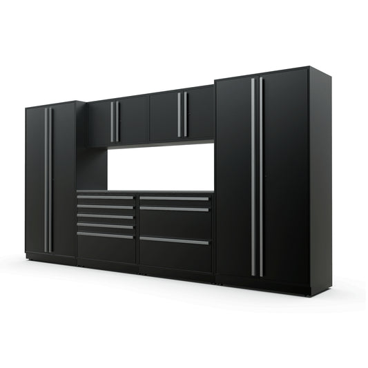 Proslat FusionPlus 13 ft TOOL garage cabinet set in Black with Silver handles and a Stainless Steel worktop
