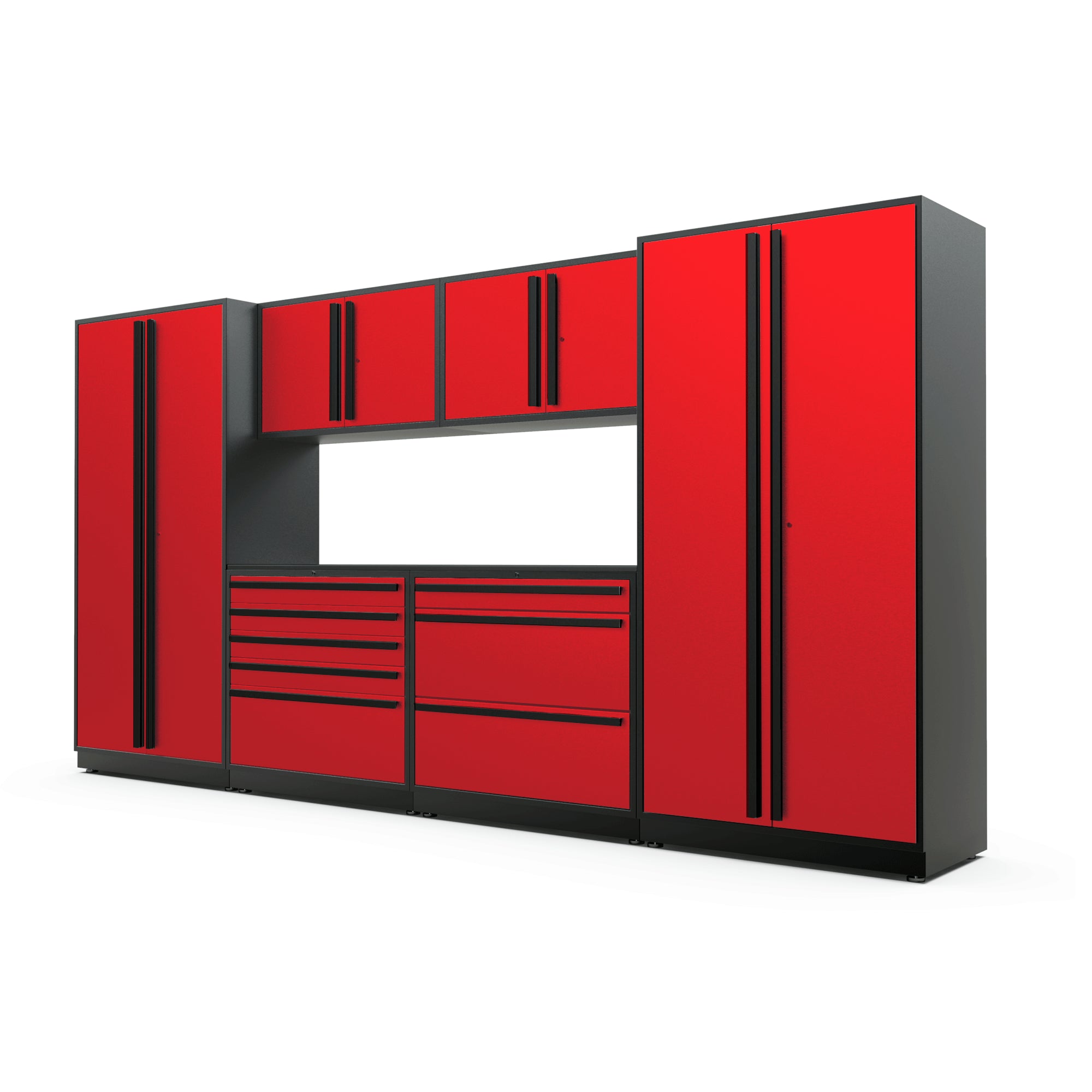 Proslat FusionPlus 13 ft TOOL garage cabinet set in Traffic Red with Black handles and a Powder Coated worktop