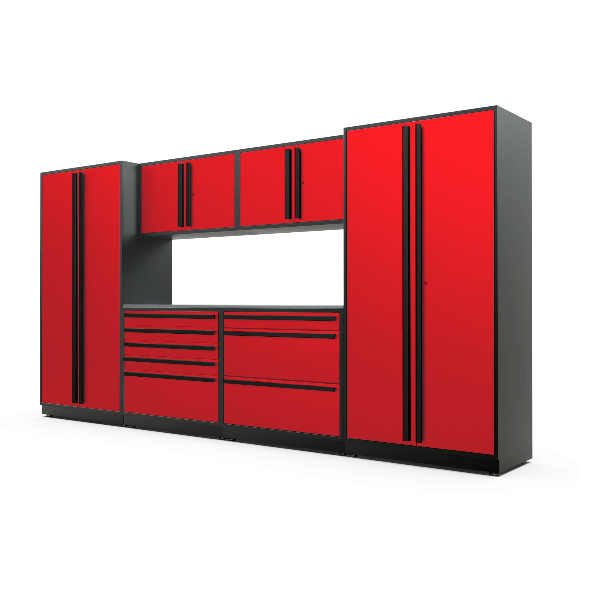 Proslat FusionPlus 13 ft TOOL garage cabinet set in Traffic Red with Black handles and a Stainless Steel worktop