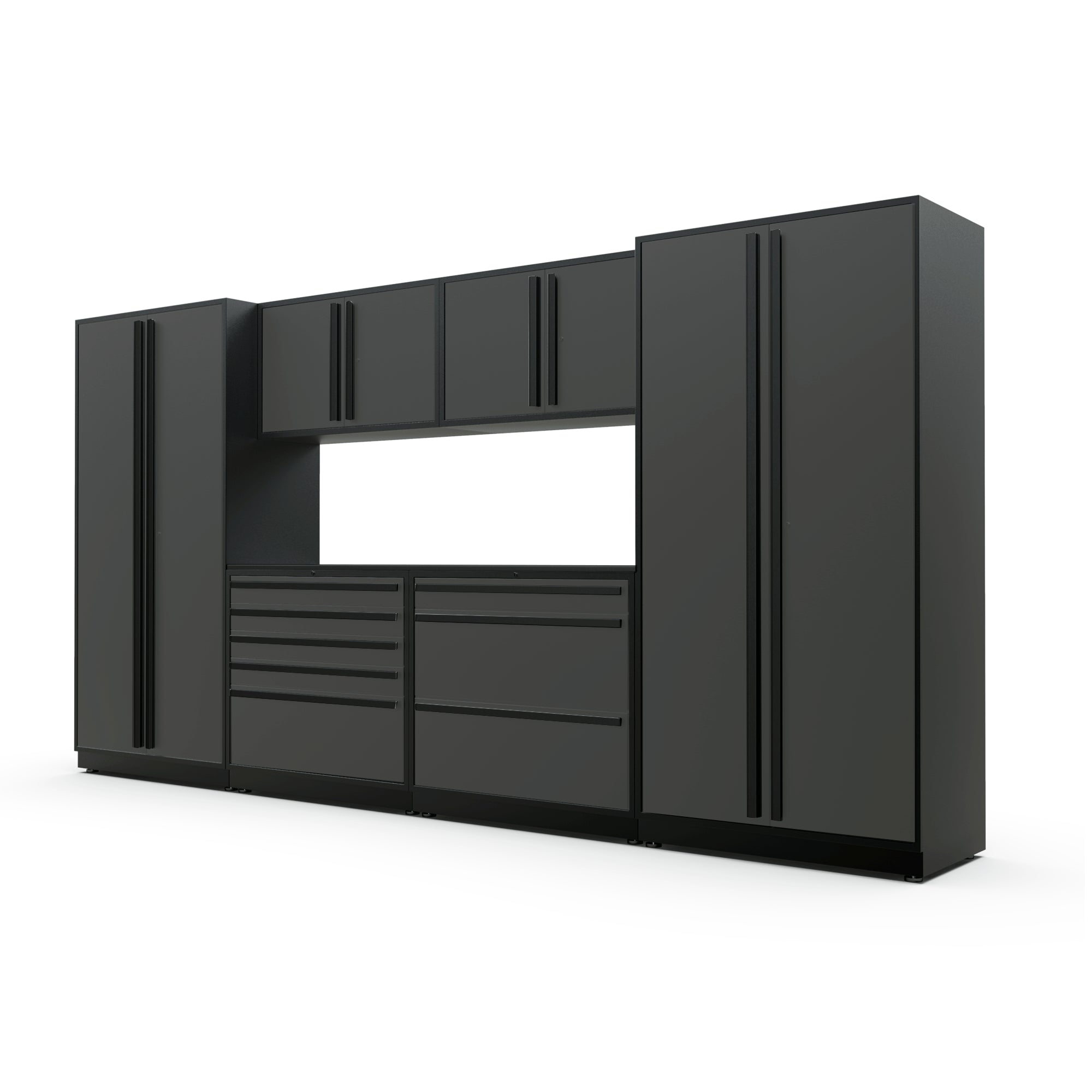 Proslat FusionPlus 13 ft TOOL garage cabinet set in Traffic Gray with Black handles and a Powder Coated worktop