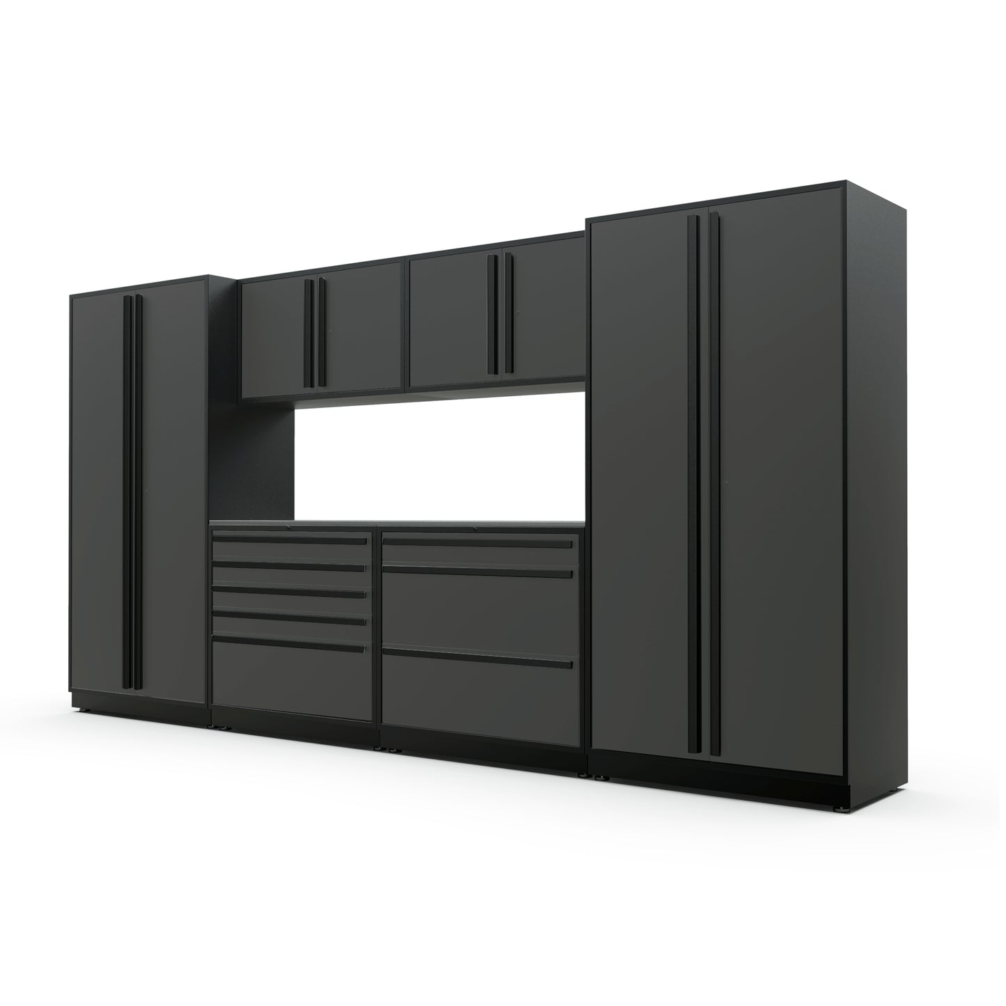 Proslat FusionPlus 13 ft TOOL garage cabinet set in Traffic Gray with Black handles and a Stainless Steel worktop