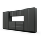 Proslat FusionPlus 13 ft TOOL garage cabinet set in Traffic Gray with Silver handles and a Powder Coated worktop