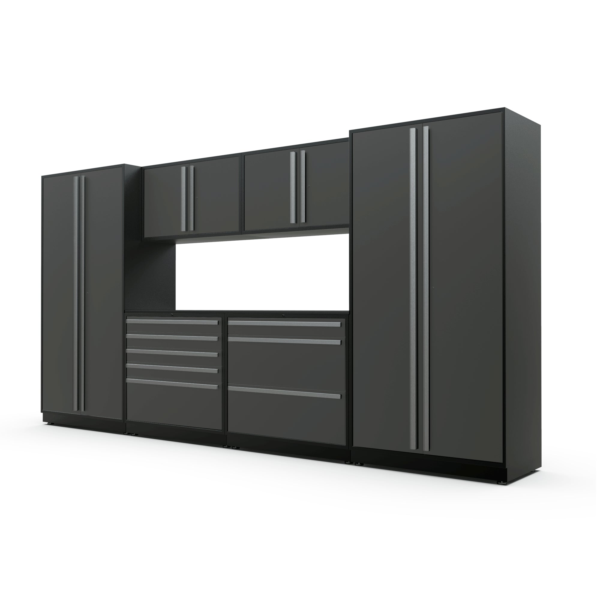 Proslat FusionPlus 13 ft TOOL garage cabinet set in Traffic Gray with Silver handles and a Powder Coated worktop