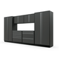 Proslat FusionPlus 13 ft TOOL garage cabinet set in Traffic Gray with Silver handles and a Stainless Steel worktop